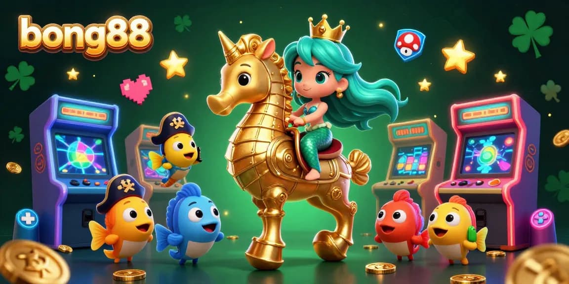 Bong88 online casino illustration featuring a vibrant 3D mermaid princess and seahorse ride packed with vibrant gaming elements.