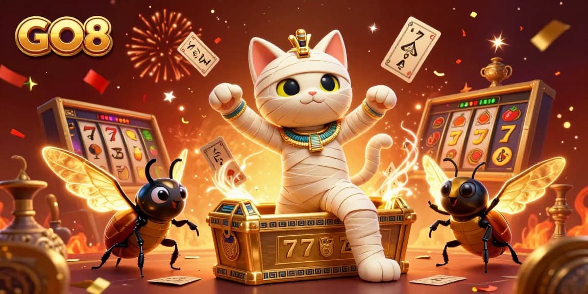 Experience winning with GO8 in a lively 3D casino featuring an Egyptian mummy cat and glowing elements.
