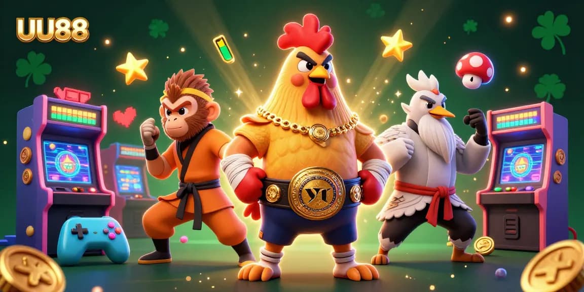 Experience excitement with UU88 and colorful 3D characters in a vibrant online casino scene.