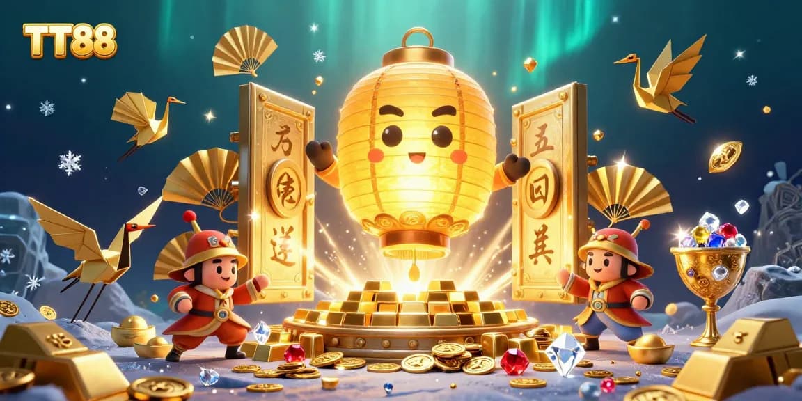Experience winning strategies with TT88 casino, featuring a golden lantern spirit and gold treasure.