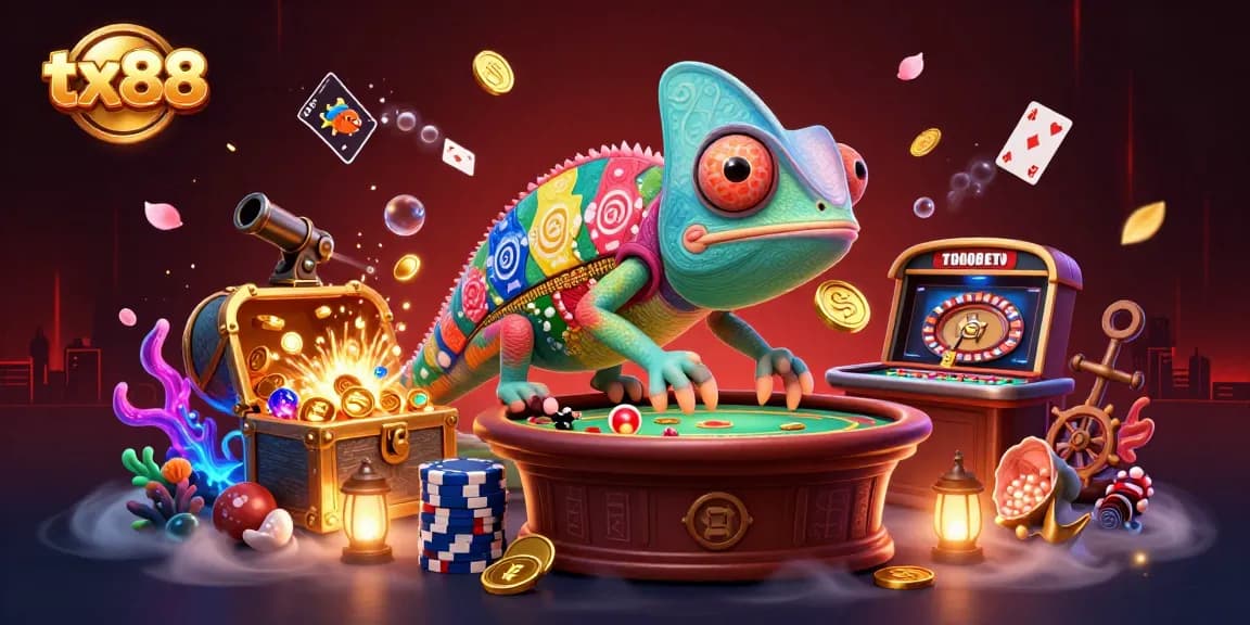 Experience thrilling games at tx88 with a vibrant chameleon casino owner in a rich, dynamic scene.