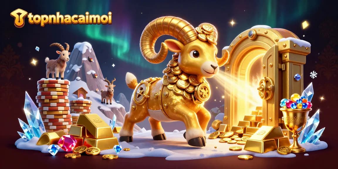 Experience topnhacaimoi's thrilling casino adventure with a golden ram charging through treasure!