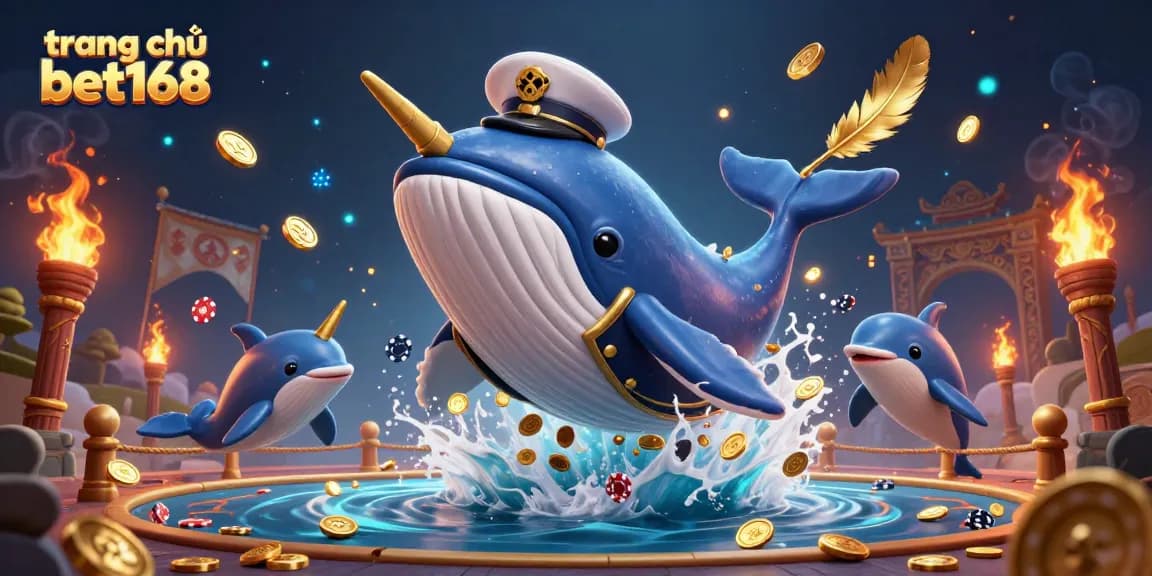 Experience thrilling bets at trang chủ bet168 with a magical underwater scene featuring a captain whale and poker-playing dolphins.