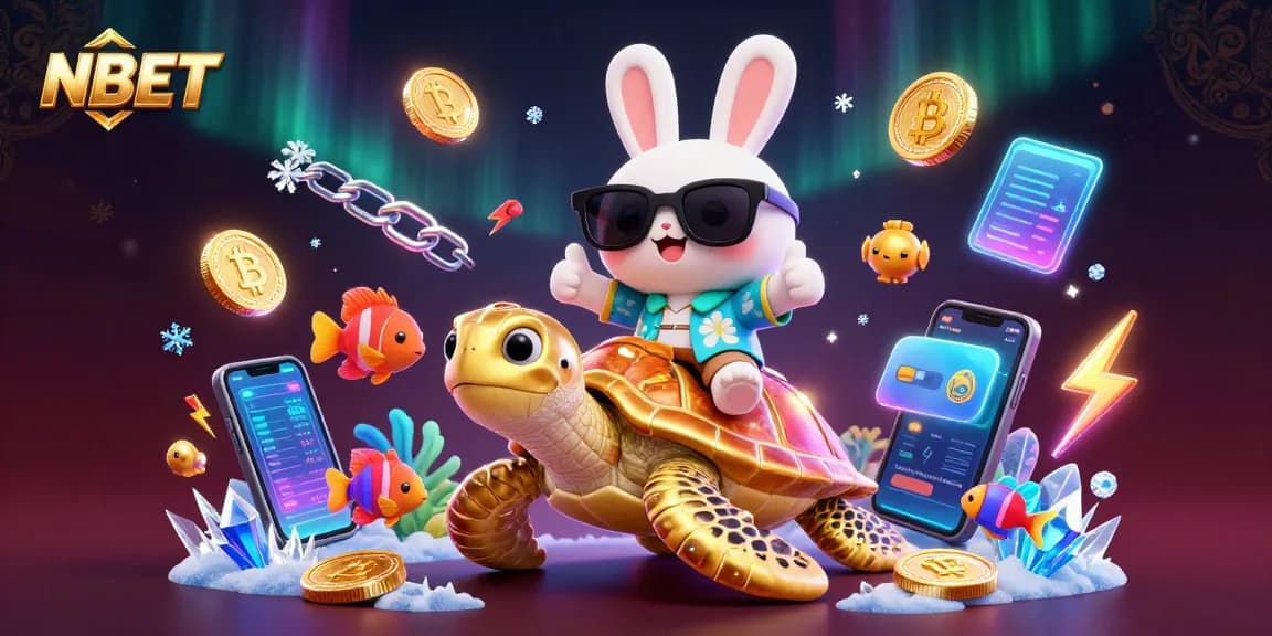Engage with NBET: A playful scene of a lucky rabbit and turtle amidst glowing coins and crypto elements, showcasing online gaming excitement.