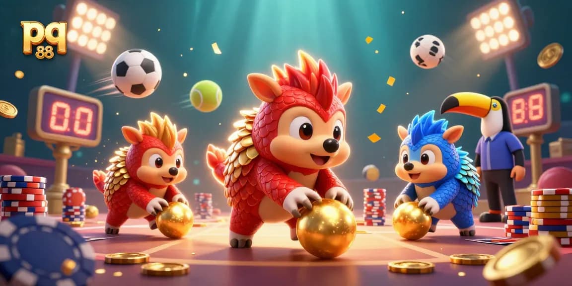 Engage in thrilling gameplay at pq 88, featuring dynamic pangolins in a vibrant casino scene rolling golden balls.