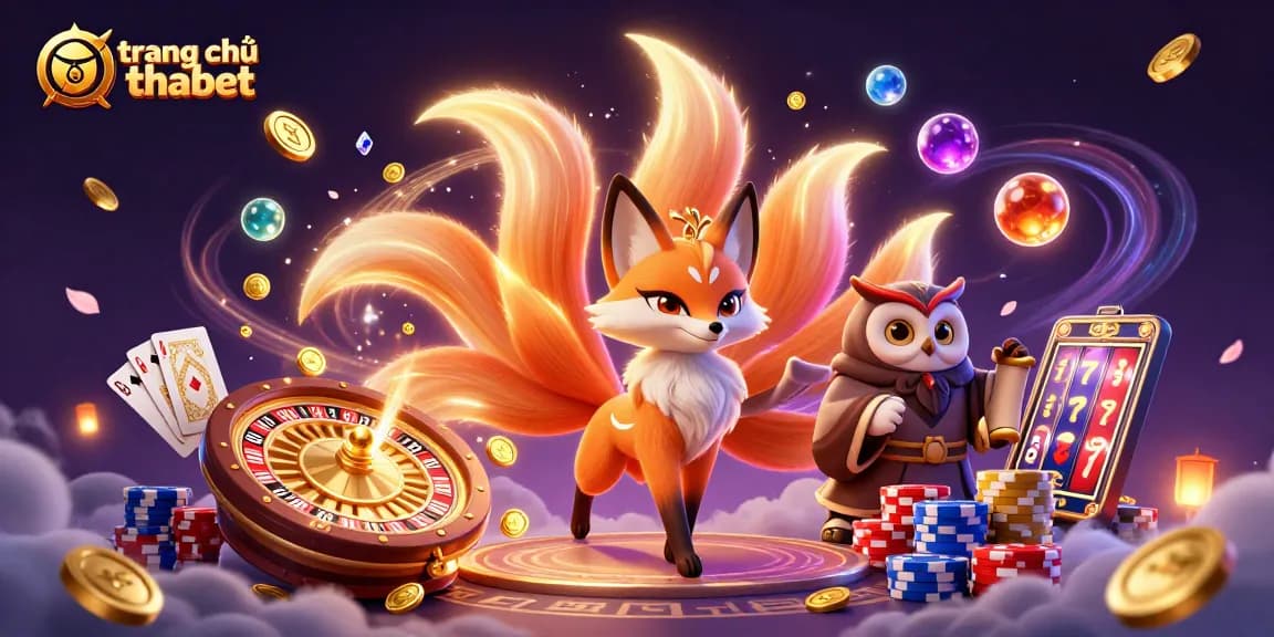 Experience the vibrant action at trang chủ thabet with our colorful casino illustration featuring a nine-tailed fox and owl sage.
