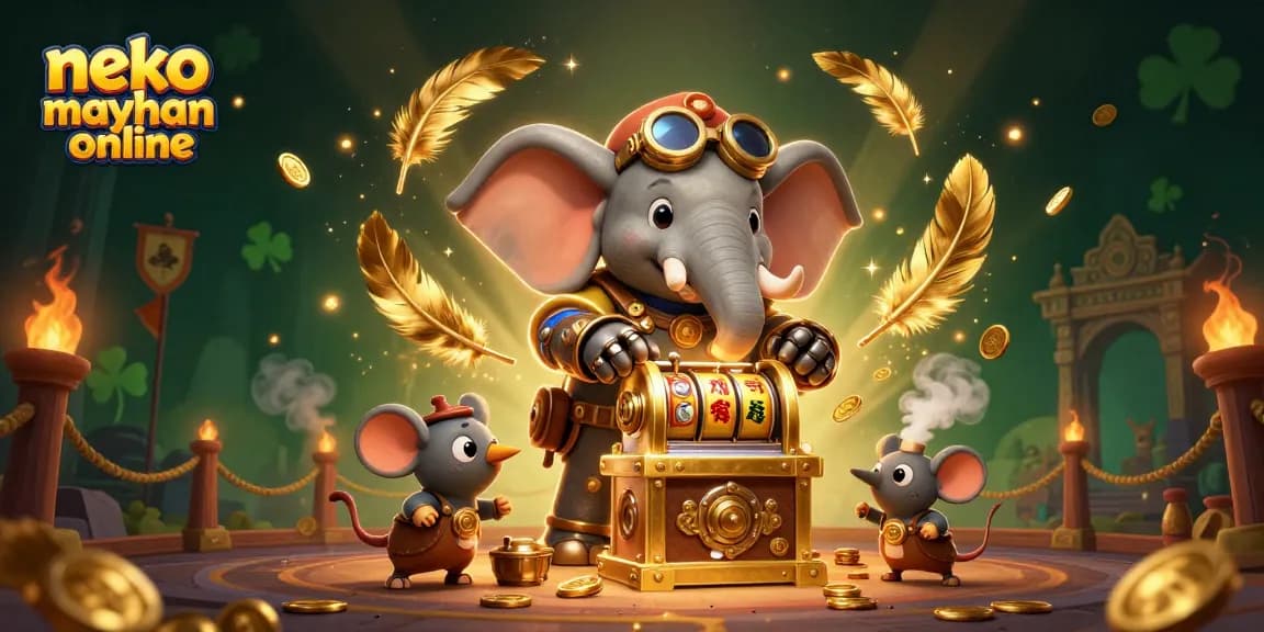 Neko may mắn online game features a dynamic steampunk scene with golden slot machine and adventurers.