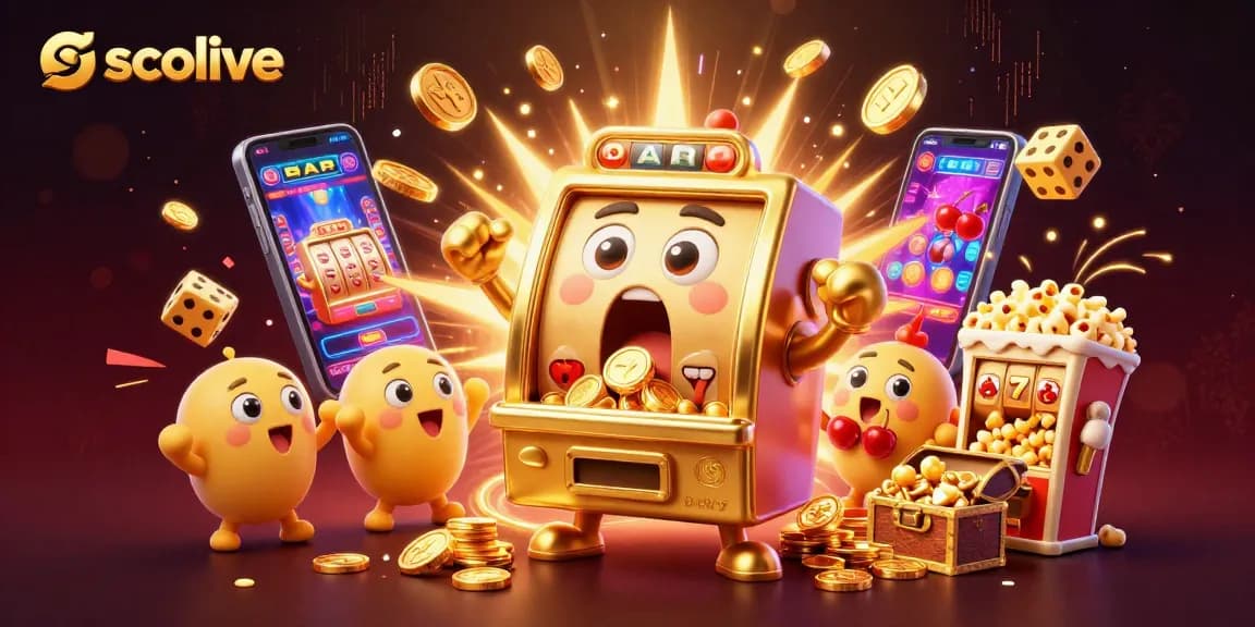 Experience excitement with socolive's jackpot celebration featuring a quirky golden slot machine pouring coins.