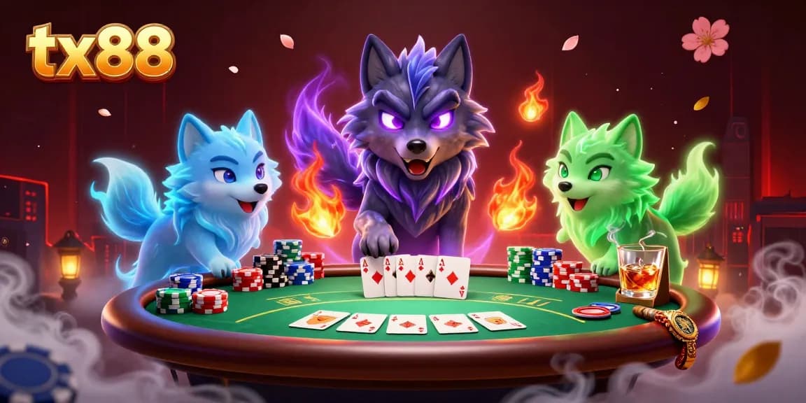 Engage in poker action at tx88, featuring a shadow wolf leader and ghostly companions amidst poker chips and cards.