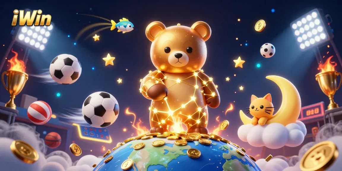 Experience the thrill of iWin as the golden constellation bear scoops coins amidst vibrant sports elements in a dynamic casino scene.