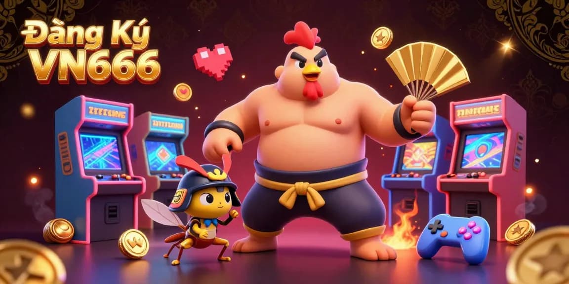 Engage with "Đăng Ký VN666" as the sumo rooster and samurai cricket showcase epic gaming excitement amidst vibrant arcade elements.