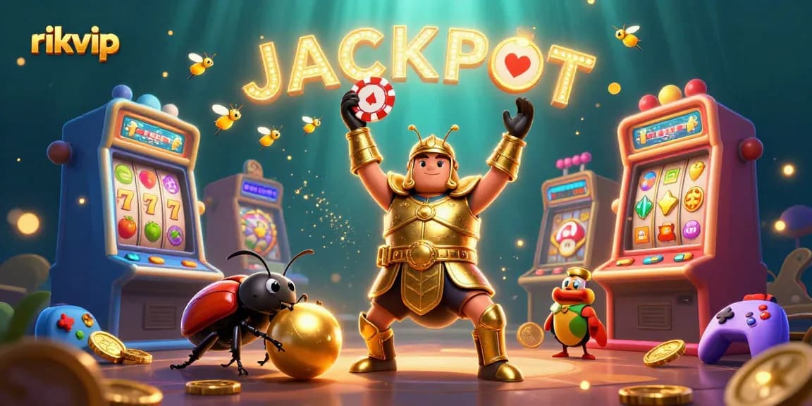 Win big at rikvip with vibrant 3D illustrations showcasing exciting slot games and jackpot celebrations.