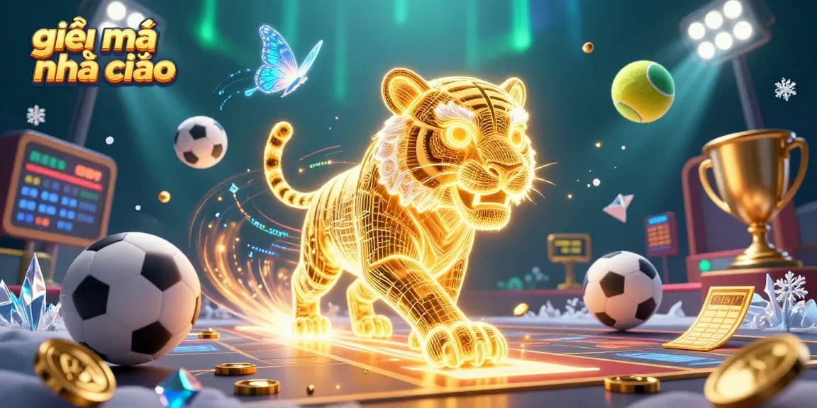 Engage with giải mã nhà cái as a golden tiger prowls a vibrant casino landscape filled with sports elements.