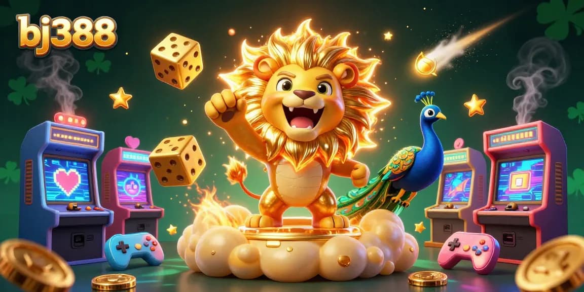 Spin to win at bj388 with vibrant 3D elements and engaging casino games surround the iconic lion.