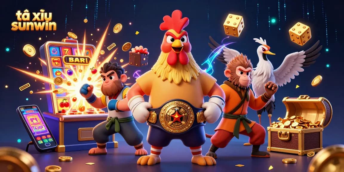Tài xỉu sunwin champions celebrating a jackpot victory with colorful game elements exploding around them