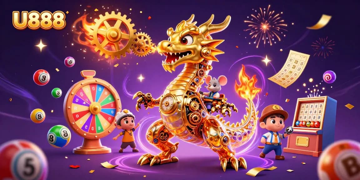 Experience thrilling gameplay with U888's unique casino elements in a vibrant illustration.