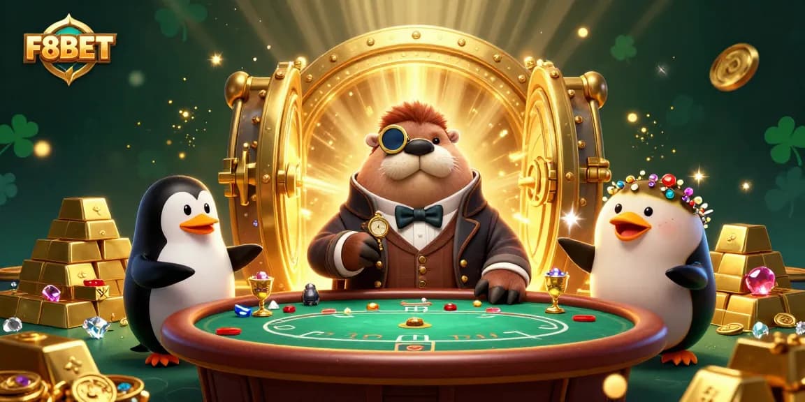 Join the fun at F8BET with a jolly walrus, penguin dealer, and pufferfish player in a vibrant underwater poker scene.
