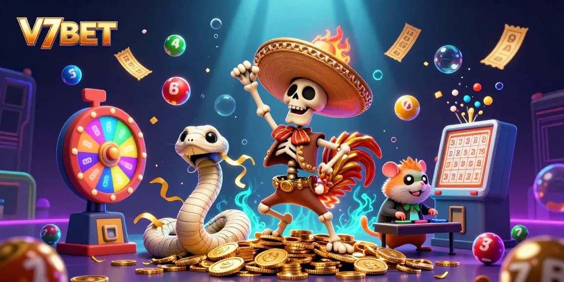 Join the fun at V7BET with vibrant lottery elements, a dancing skeleton, and a golden jackpot celebration!