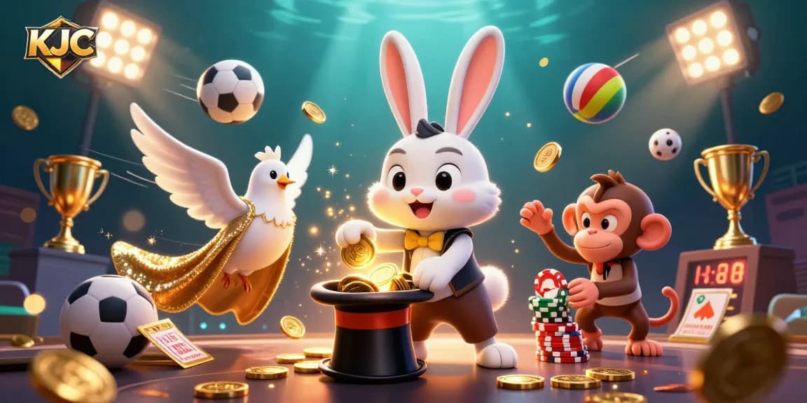 KJC showcases a colorful gambling scene with a magician rabbit and sports elements in a magical casino setting.
