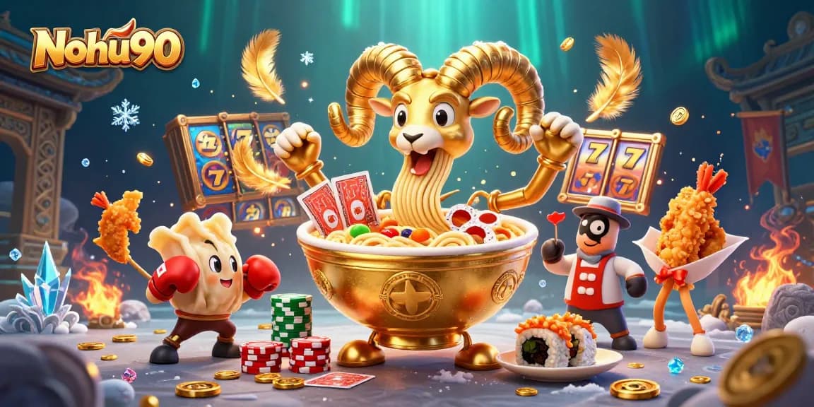 Nohu90 illustrates excitement as a giant ramen bowl deals cards amidst a buzzing gaming atmosphere
