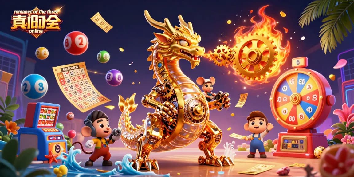 Experience the excitement of romance of the three kingdoms online with golden dragons and vibrant lottery elements in a 3D scene.
