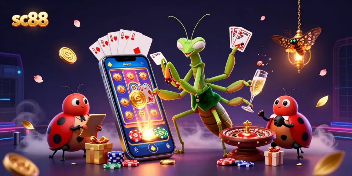 Experience thrilling action at sc88 with a lively casino scene featuring a giant praying mantis and ladybug boss.
