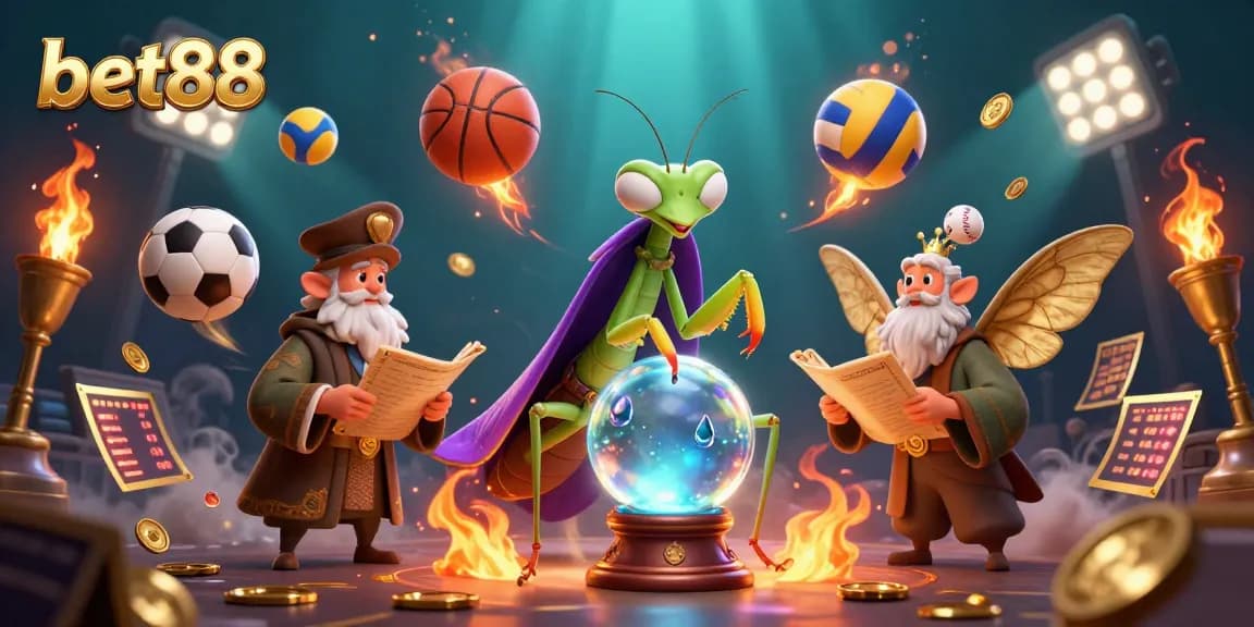 Bet88 sports betting scene with a fortune teller and glowing oracles in 3D illustration.