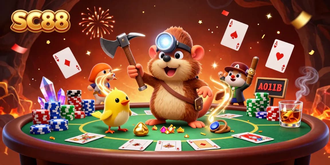 Experience SC88 with this dynamic scene of a treasure hunter mole amidst casino action, showcasing poker elements.