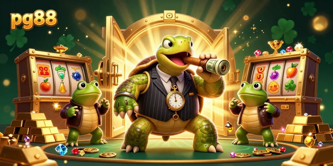 Experience the excitement of pg88 with a vibrant casino scene featuring a mobster turtle and frog enforcers.