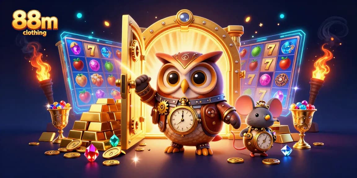 88m clothing showcases a dynamic slots scene with a time-traveling owl and rich casino elements.
