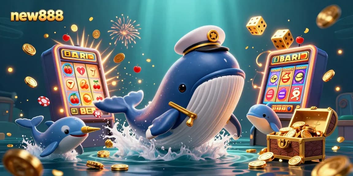 Experience thrilling gameplay with new888 as a whale captain and playful sea companions in an exciting casino scene.