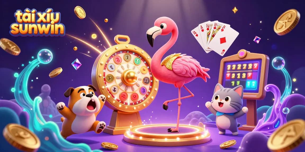 Tài xỉu sunwin animated scene features a flamingo host and bulldog contestant celebrating casino wins.
