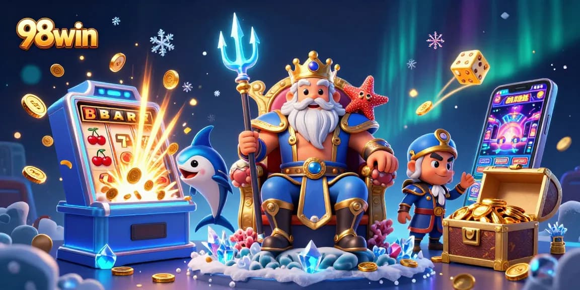 Experience the excitement of winning at 98win with a vibrant casino scene featuring Neptune and dynamic game elements.
