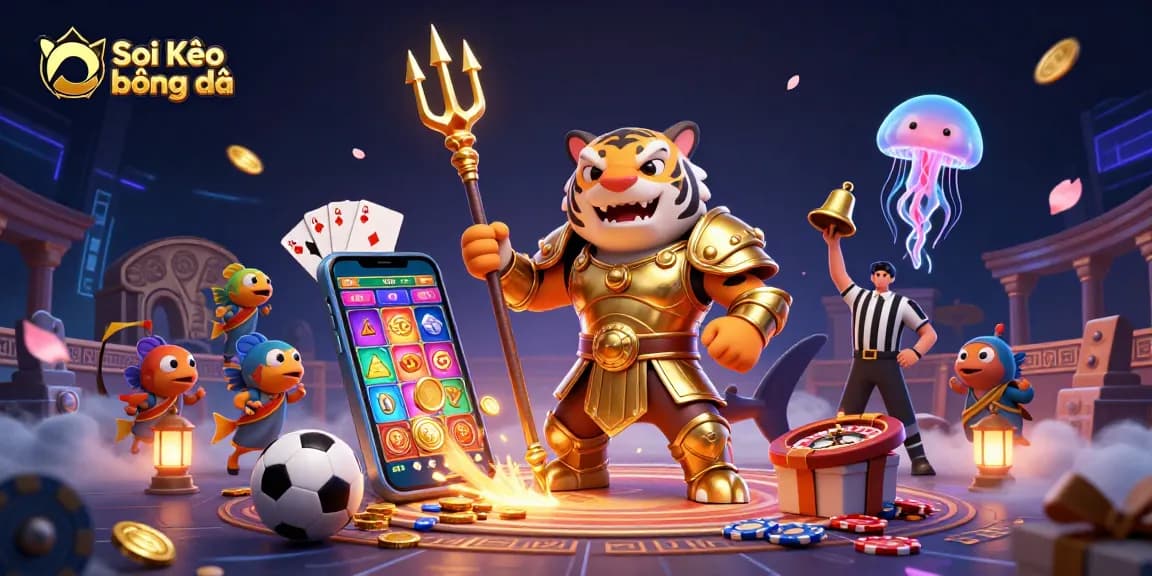Engage with Soi Kèo bóng đá in underwater sports betting frenzy, featuring dynamic characters and gaming elements.