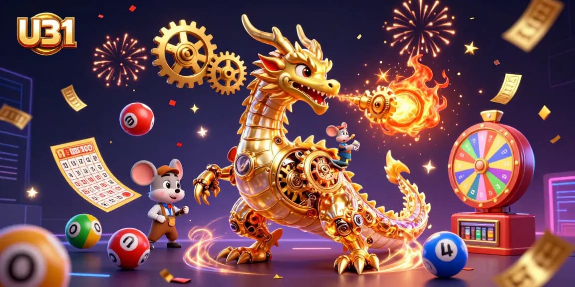 Engage in thrilling gameplay at U31 with vibrant scenes of giant golden dragon and lottery excitement.