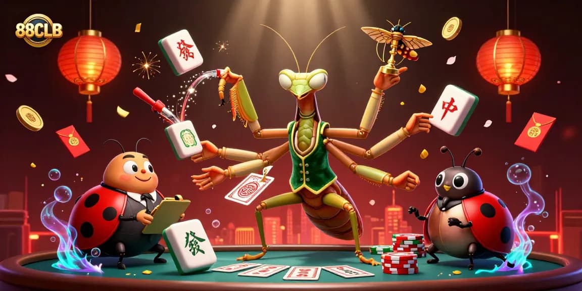 88CLB showcases a vibrant casino scene with a praying mantis card sharp and ladybug pit boss adding excitement to the gaming atmosphere.