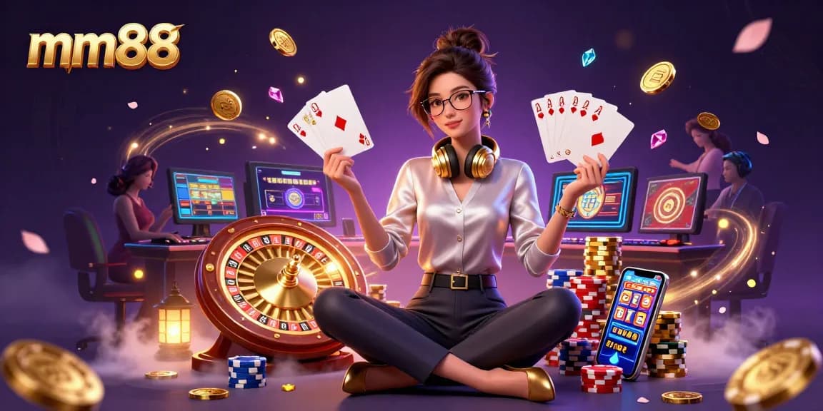 Capture thrilling moments with mm88 as the elegant Asian woman gaming in a vibrant casino setup.