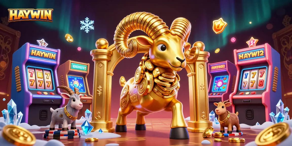 HAYWIN offers thrilling gaming experiences with a golden ram charging through a dazzling casino scene.
