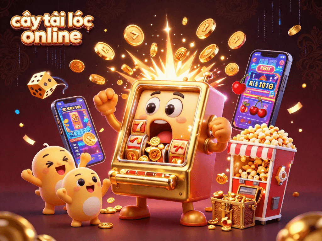 Experience the thrill of jackpots with cây tài lộc online in a vibrant 3D illustration filled with golden coins and cheers.