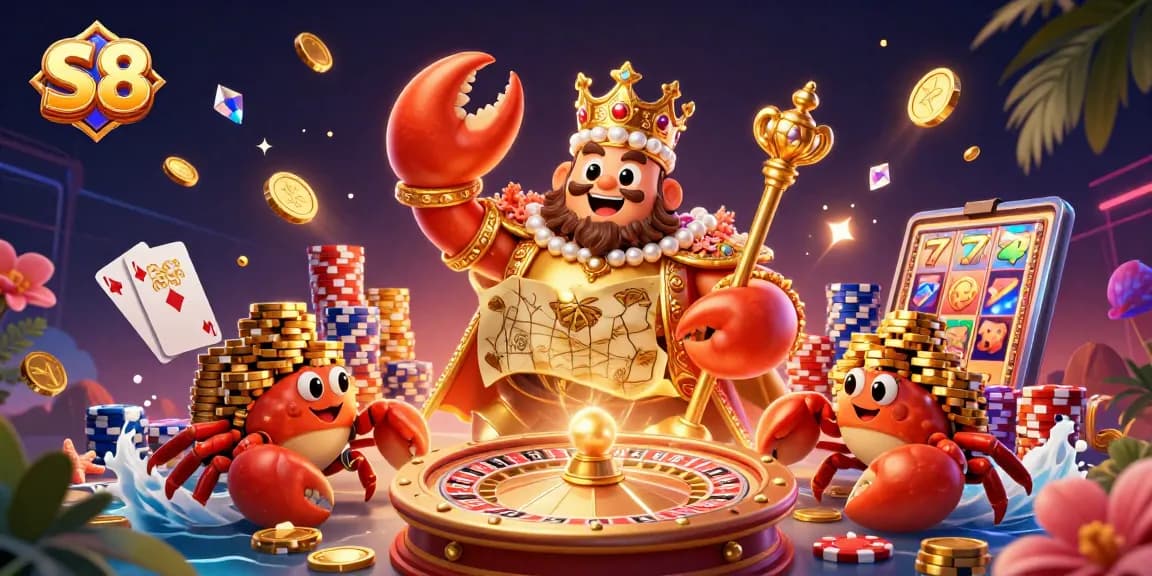 S8 gem-studded crab emperor crowns a vibrant casino scene with golden treasures.