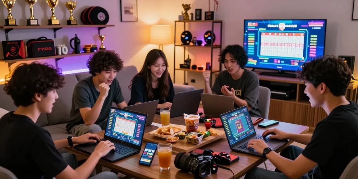 Togel88 Rtp Terbaru gaming scene with players enjoying Togel online games and celebrating wins.