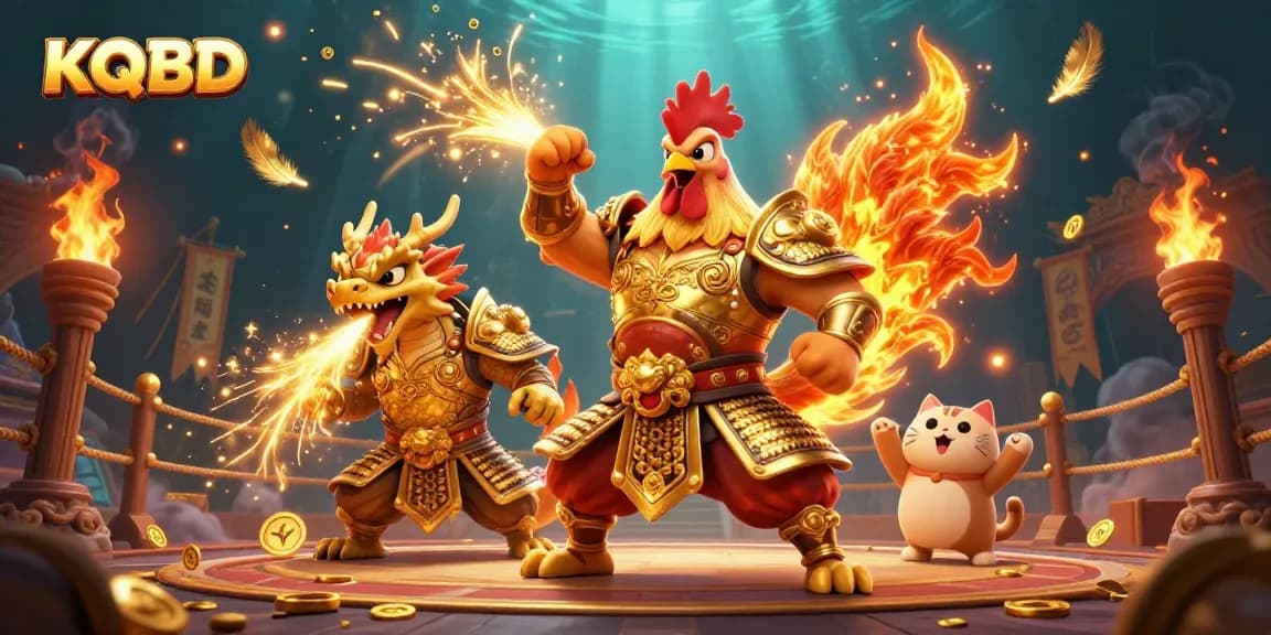KQBD showcases an exciting scene of a fighting rooster warrior in a thrilling gambling arena.