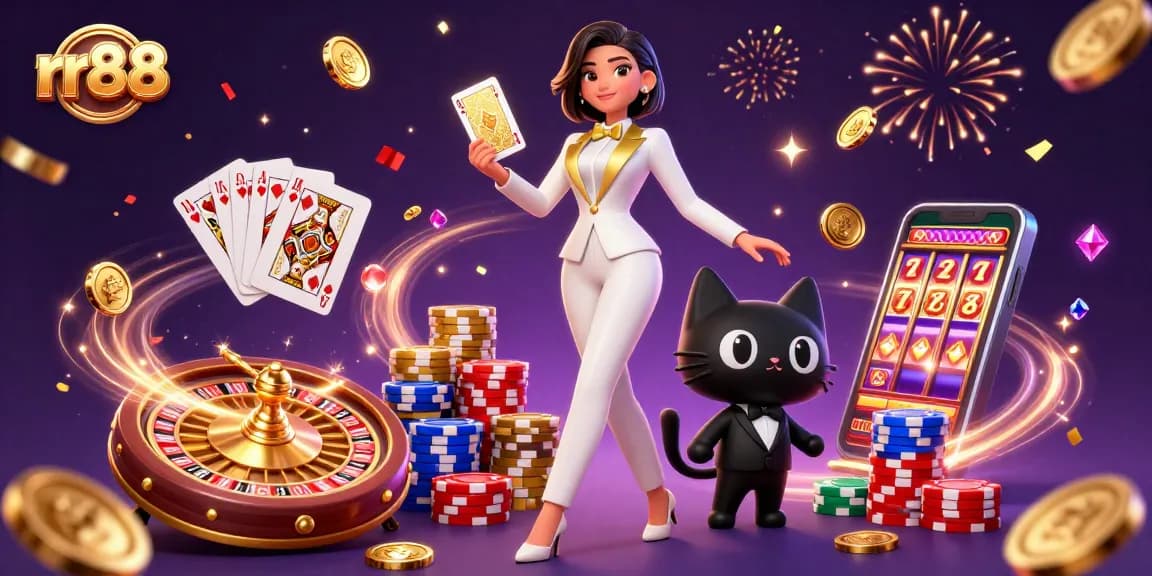 Experience thrilling games at rr88 with a glamorous dealer and festive elements showcasing casino fun.