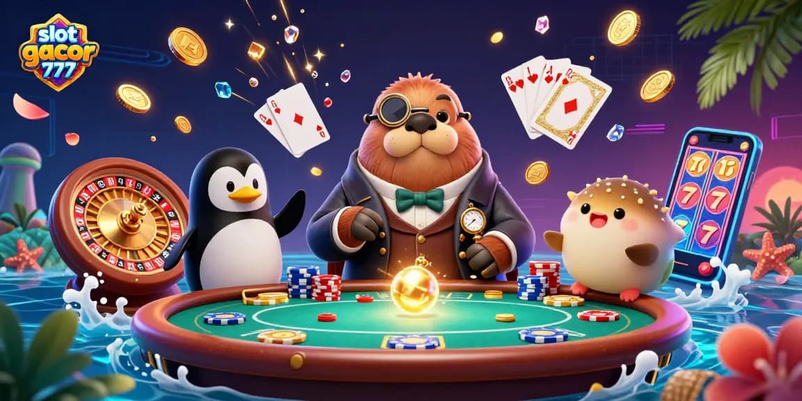 Experience the excitement of slot gacor 777 with a vibrant underwater poker scene featuring playful characters.