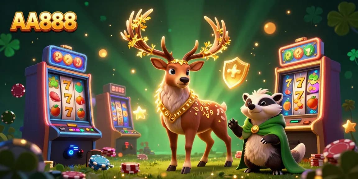 Experience winning with AA888: dynamic casino scene featuring druid stag and badger.