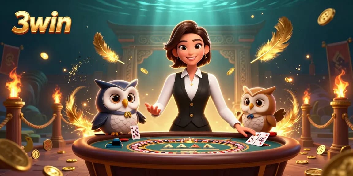 Engage in thrilling baccarat action with the 3win dealer and delightful owl assistant in a vibrant casino setting.
