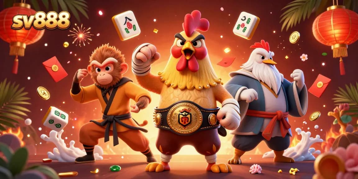 Experience thrilling action with sv888 featuring a Muay Thai rooster, Shaolin monkey, and crane master in an epic online gaming scene.