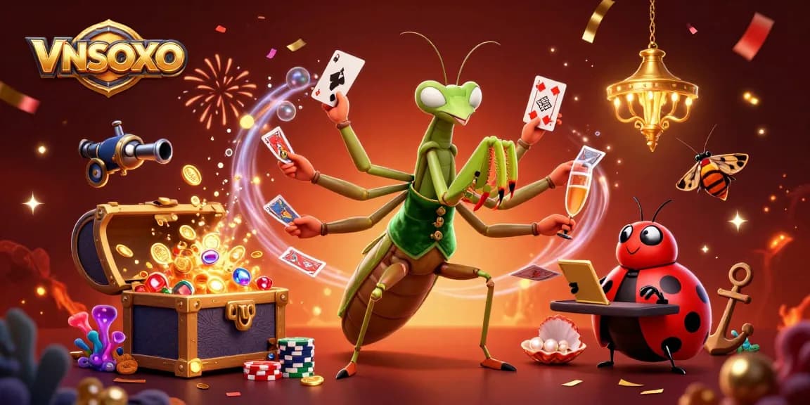 VNSOXO showcases a vibrant casino scene with a card sharp and pit boss in action.