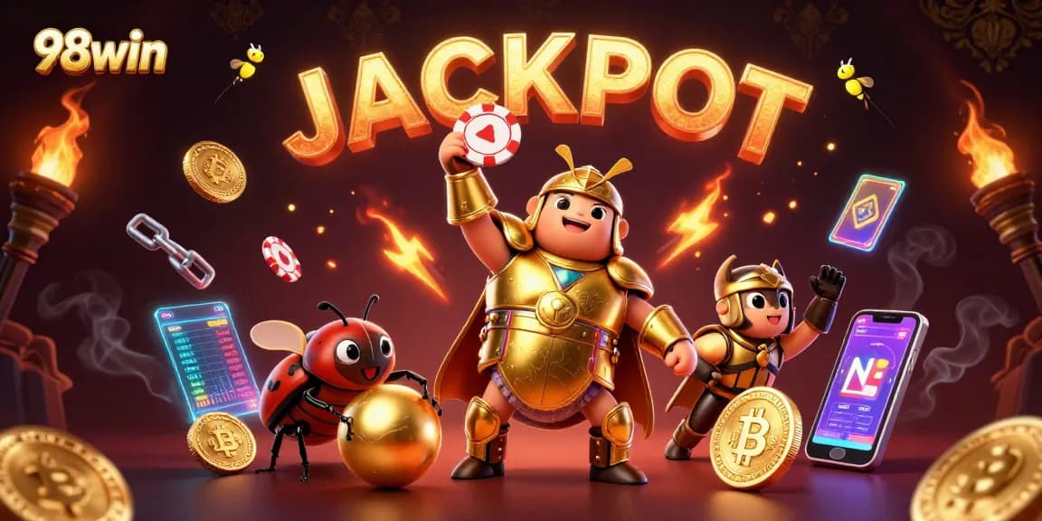 Experience the thrilling adventure of 98win with cartoon beetles celebrating a jackpot in their dynamic casino world.