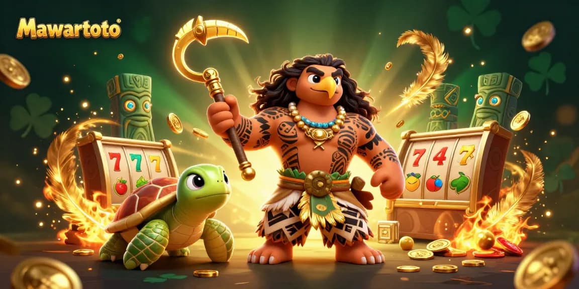 Mawartoto showcases thrilling slot action with vibrant characters and golden tokens.